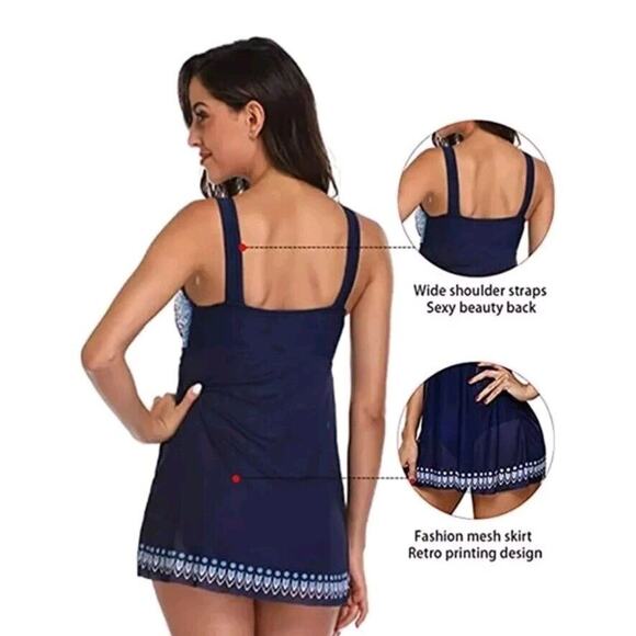 Blue Multicolor Aztec Sheer overlay Swim Dress Swimsuit Padded One Piece XXL - Picture 6 of 8